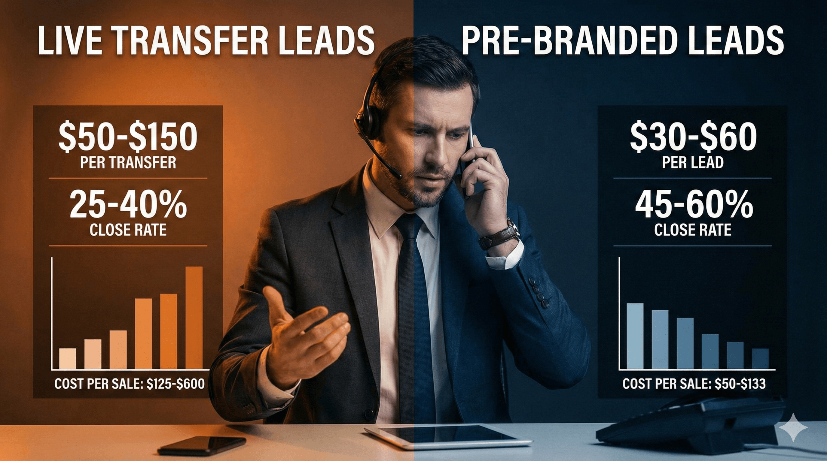 Life insurance agent comparing live transfer leads vs pre-branded leads on phone call