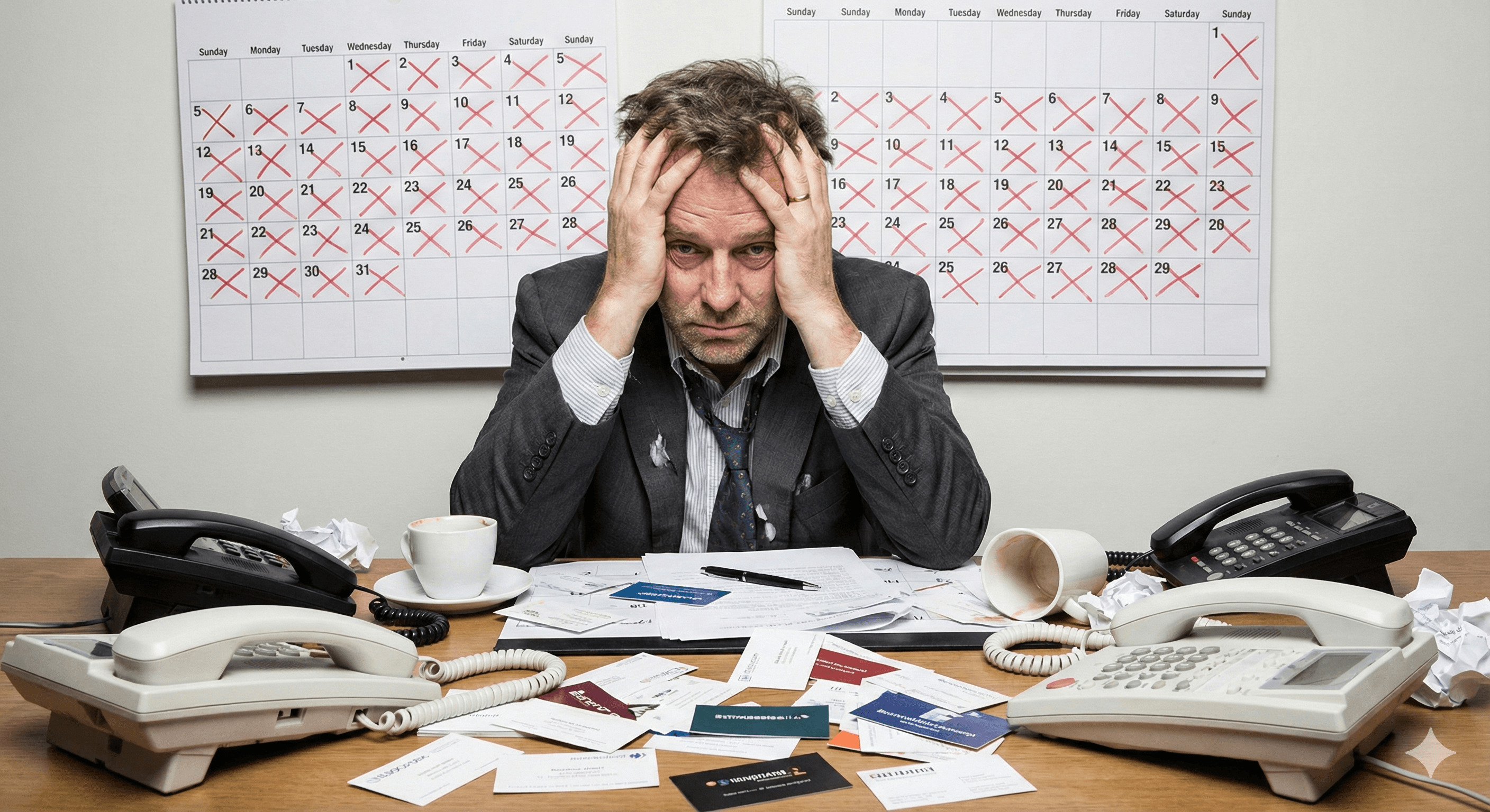 Frustrated financial advisor surrounded by failed prospecting methods