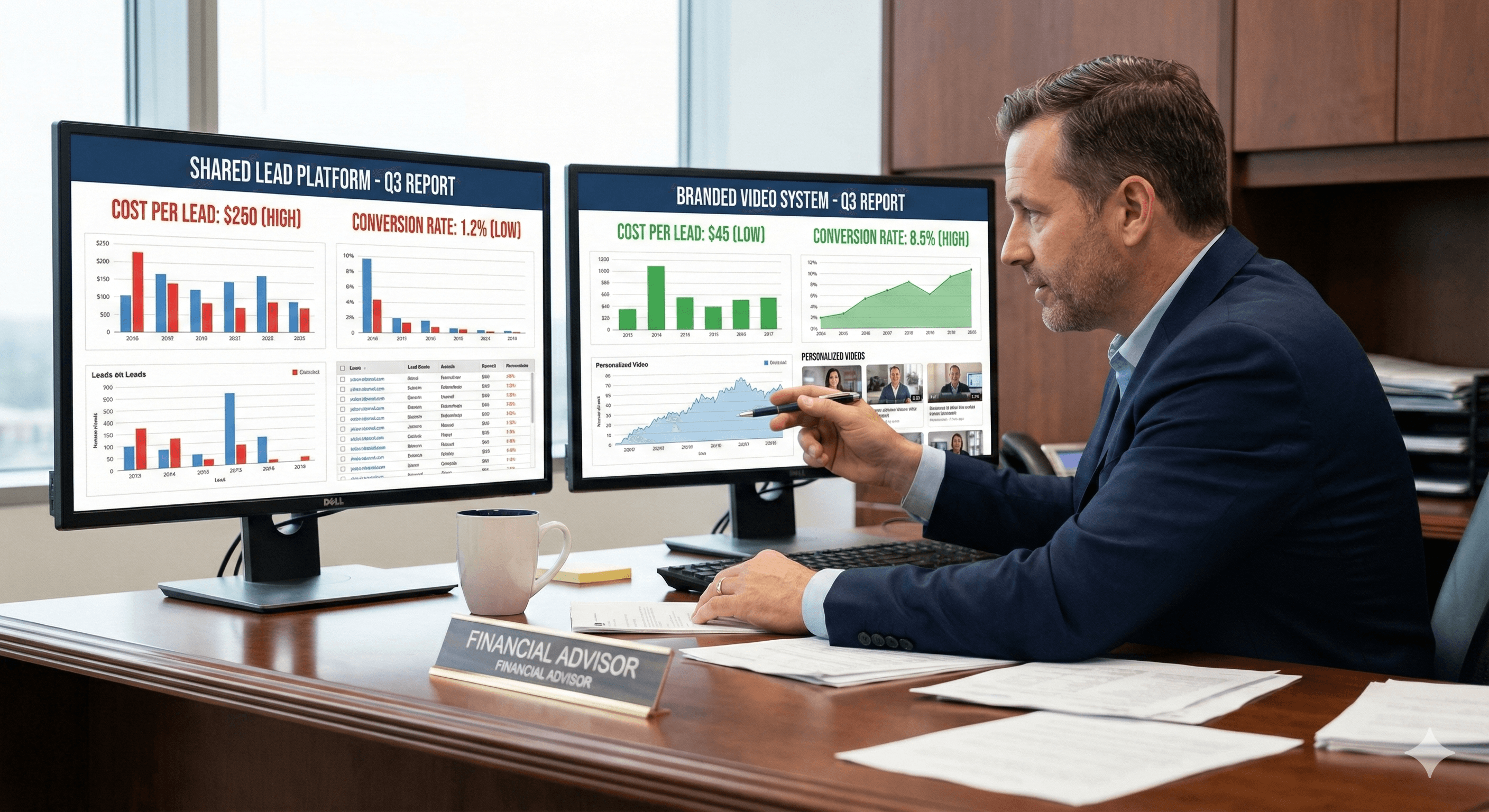 Financial advisor comparing traditional vs modern lead generation systems
