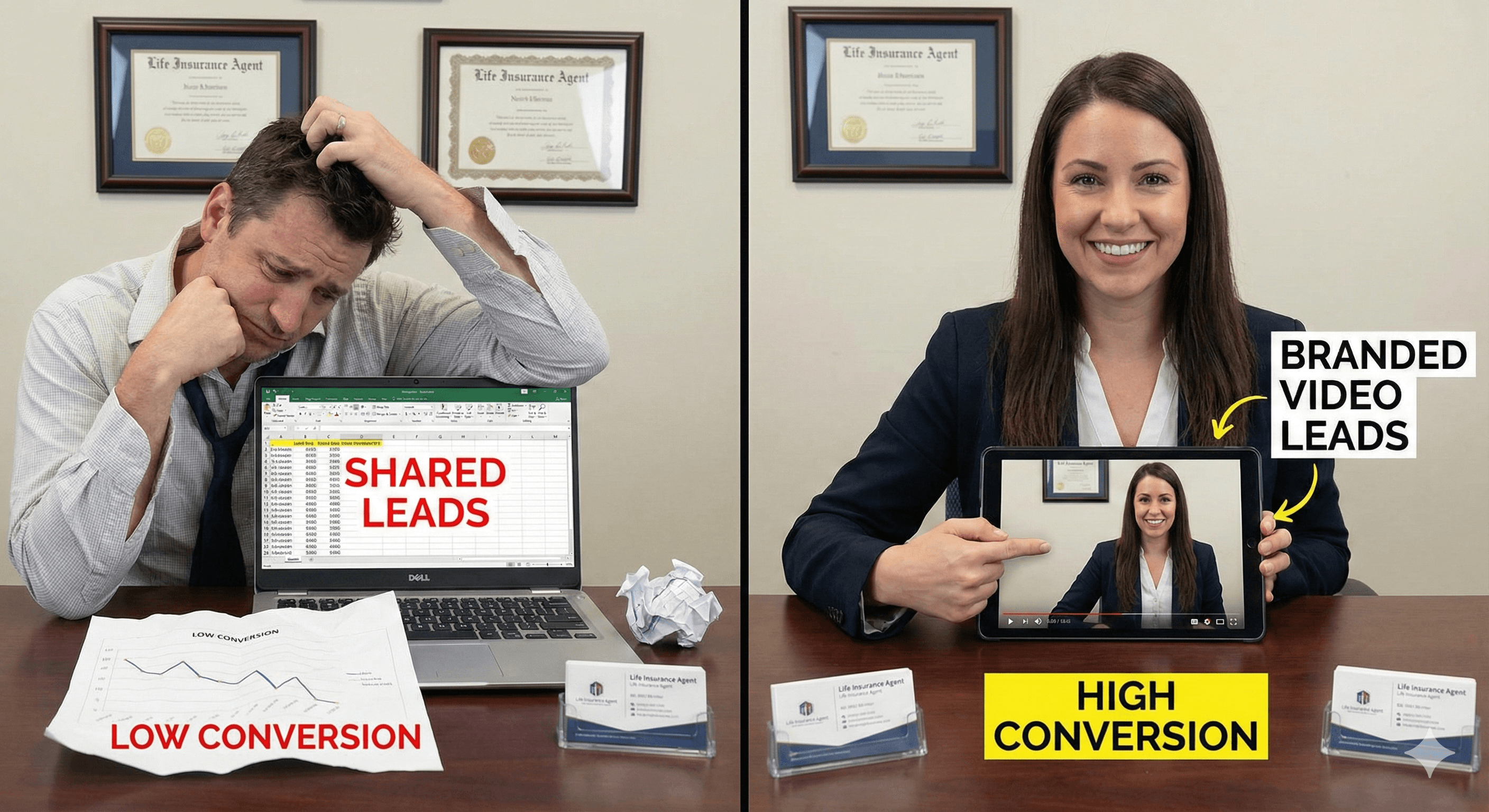 Life insurance agent comparing shared leads vs branded leads