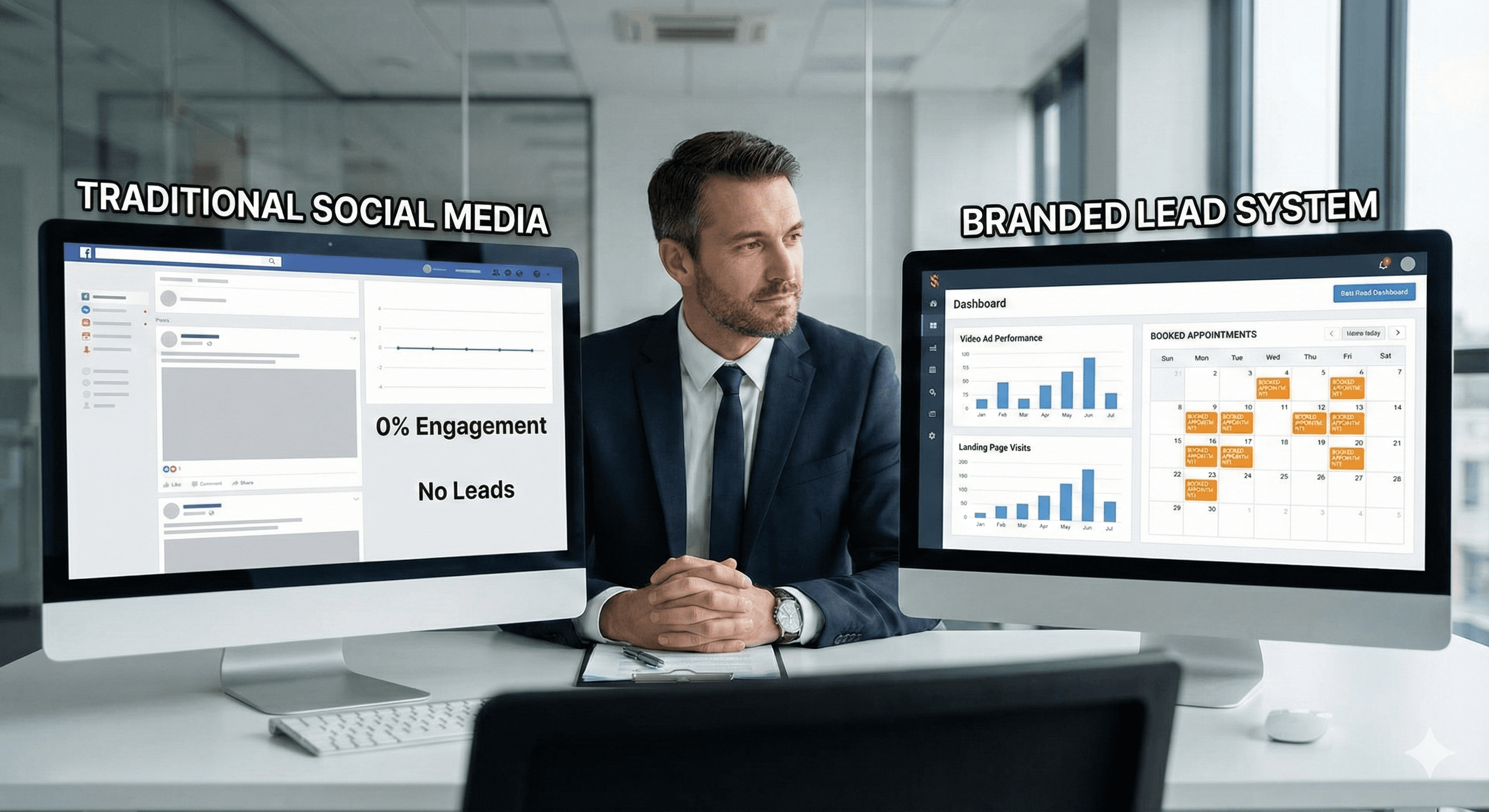 Financial advisor comparing traditional social media vs branded lead system