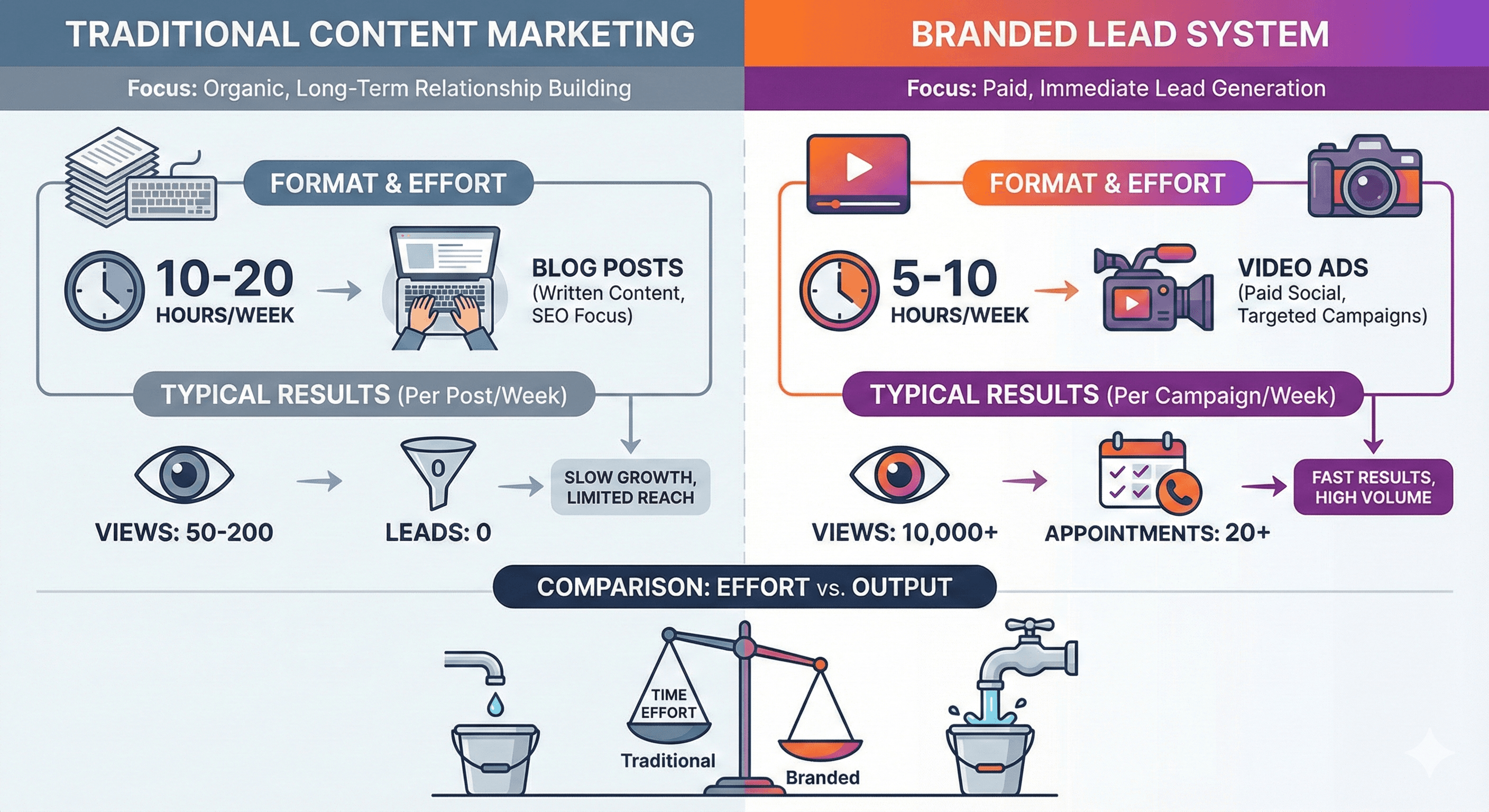Comparison of traditional content marketing vs branded lead system results