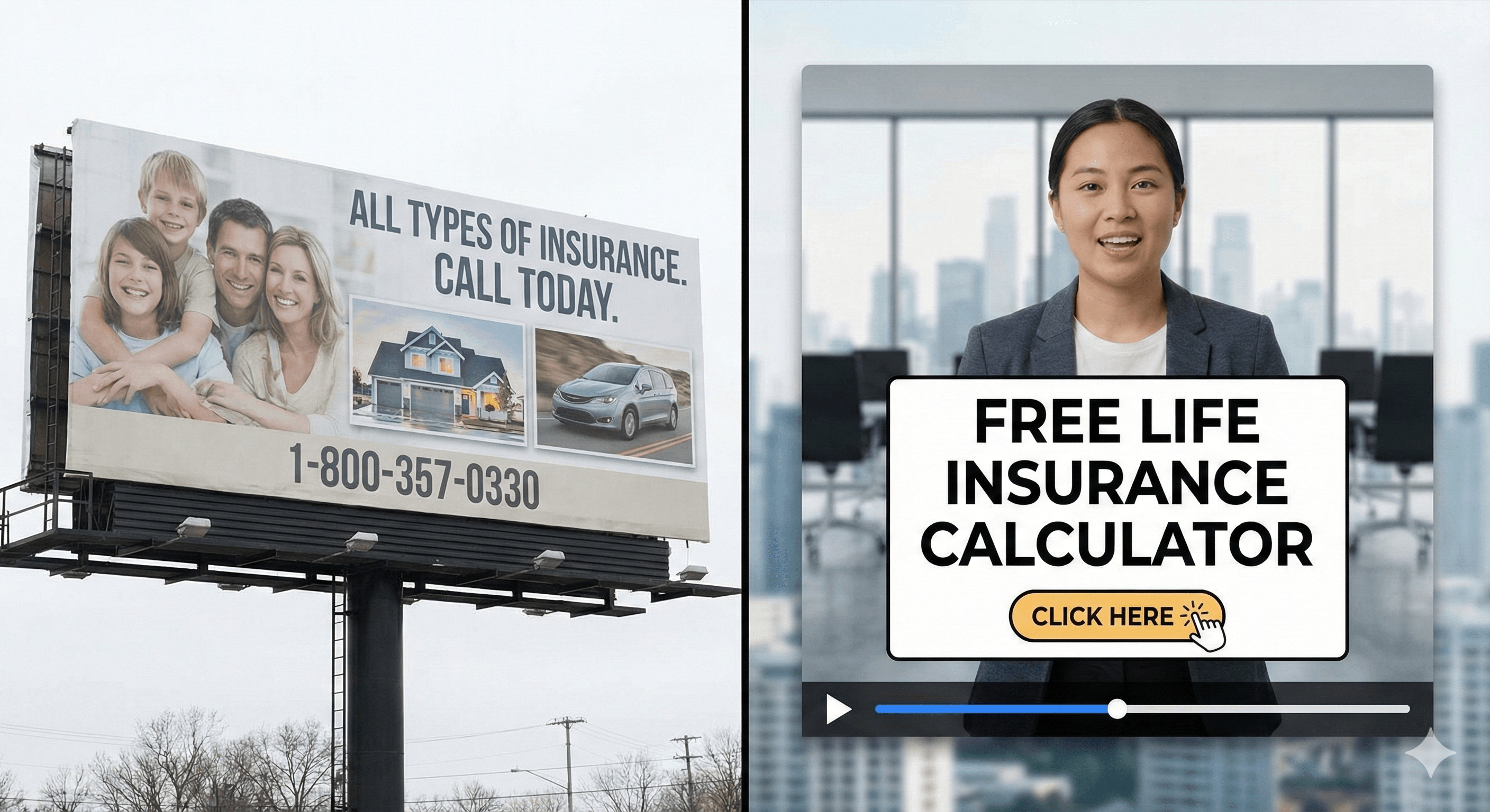 Comparison of traditional billboard ads vs effective video ads for insurance agents