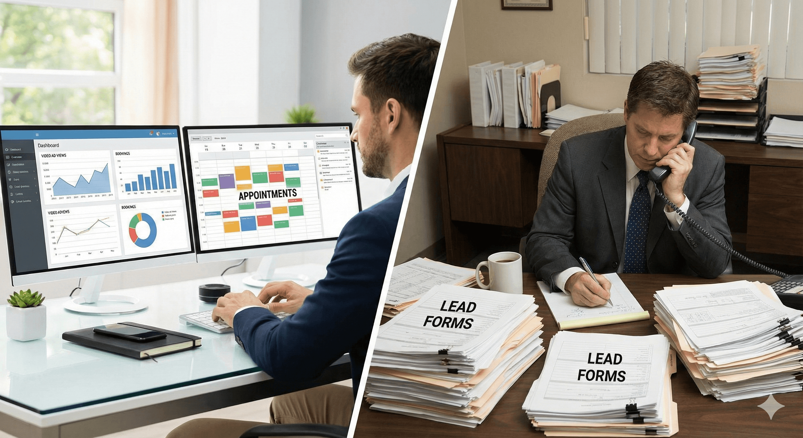 Life insurance agent comparing automated branded lead system vs manual cold calling