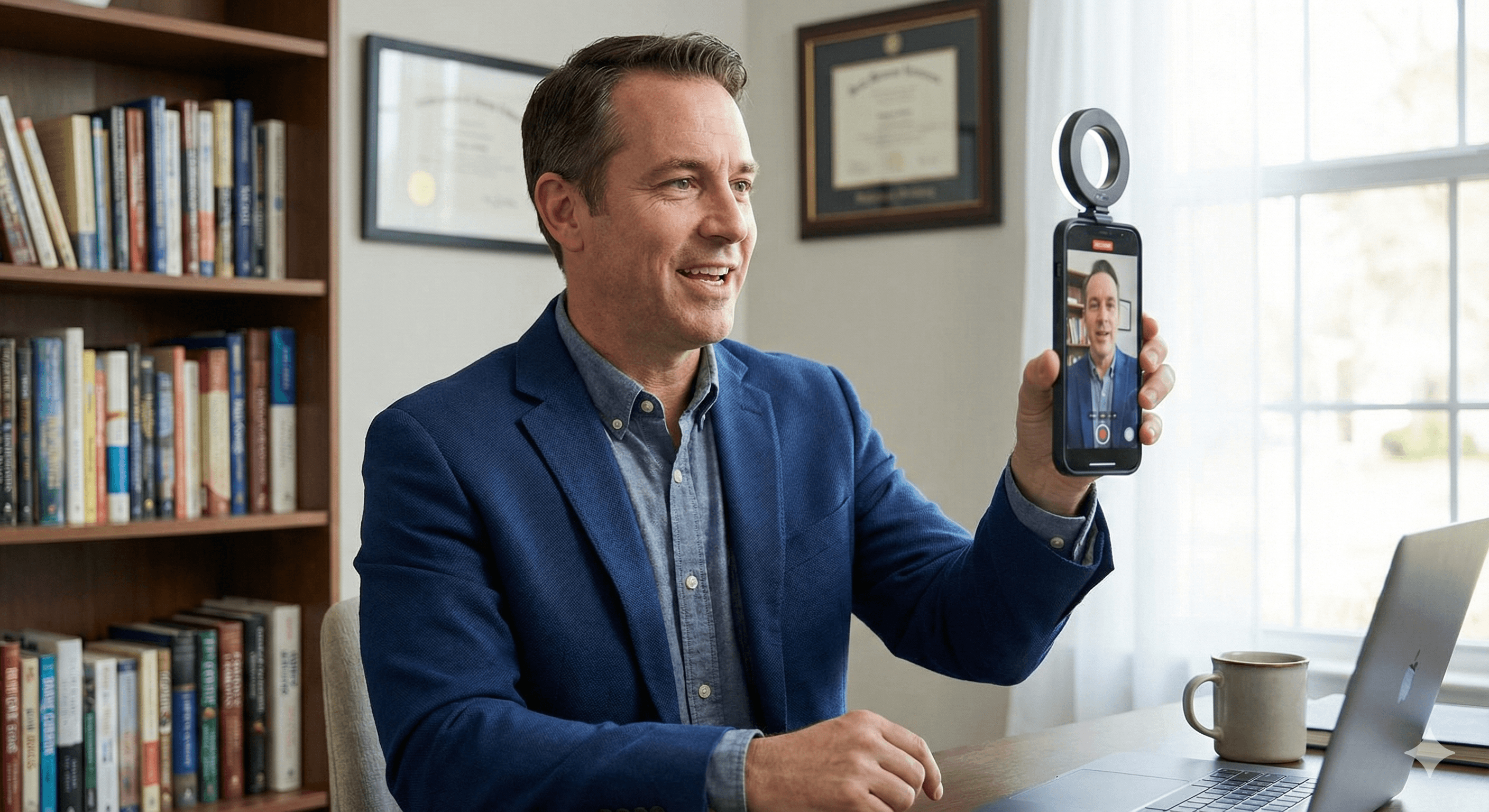 Insurance agent recording branded video ad