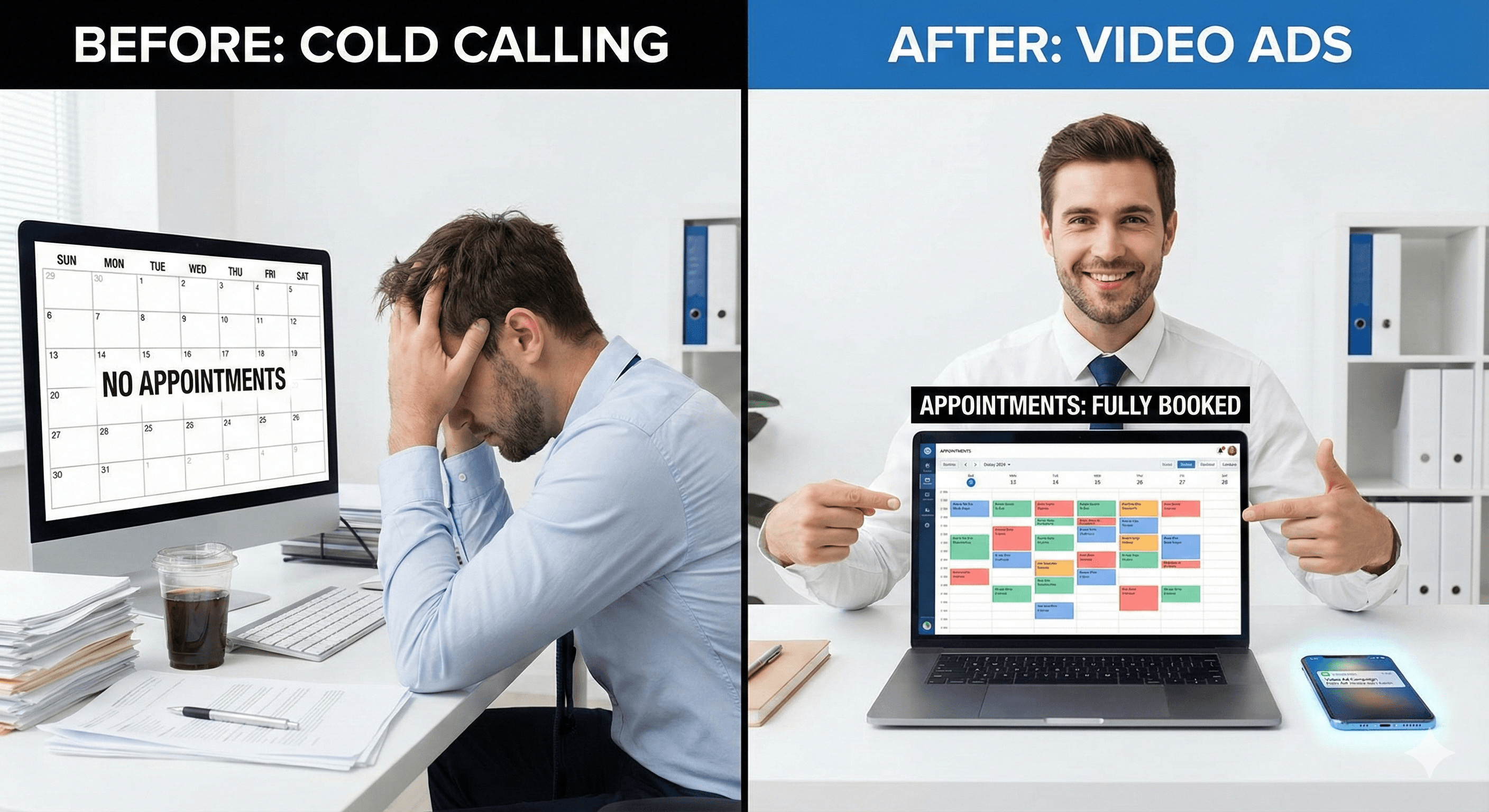 Insurance agent comparing ineffective ads vs effective video ad system