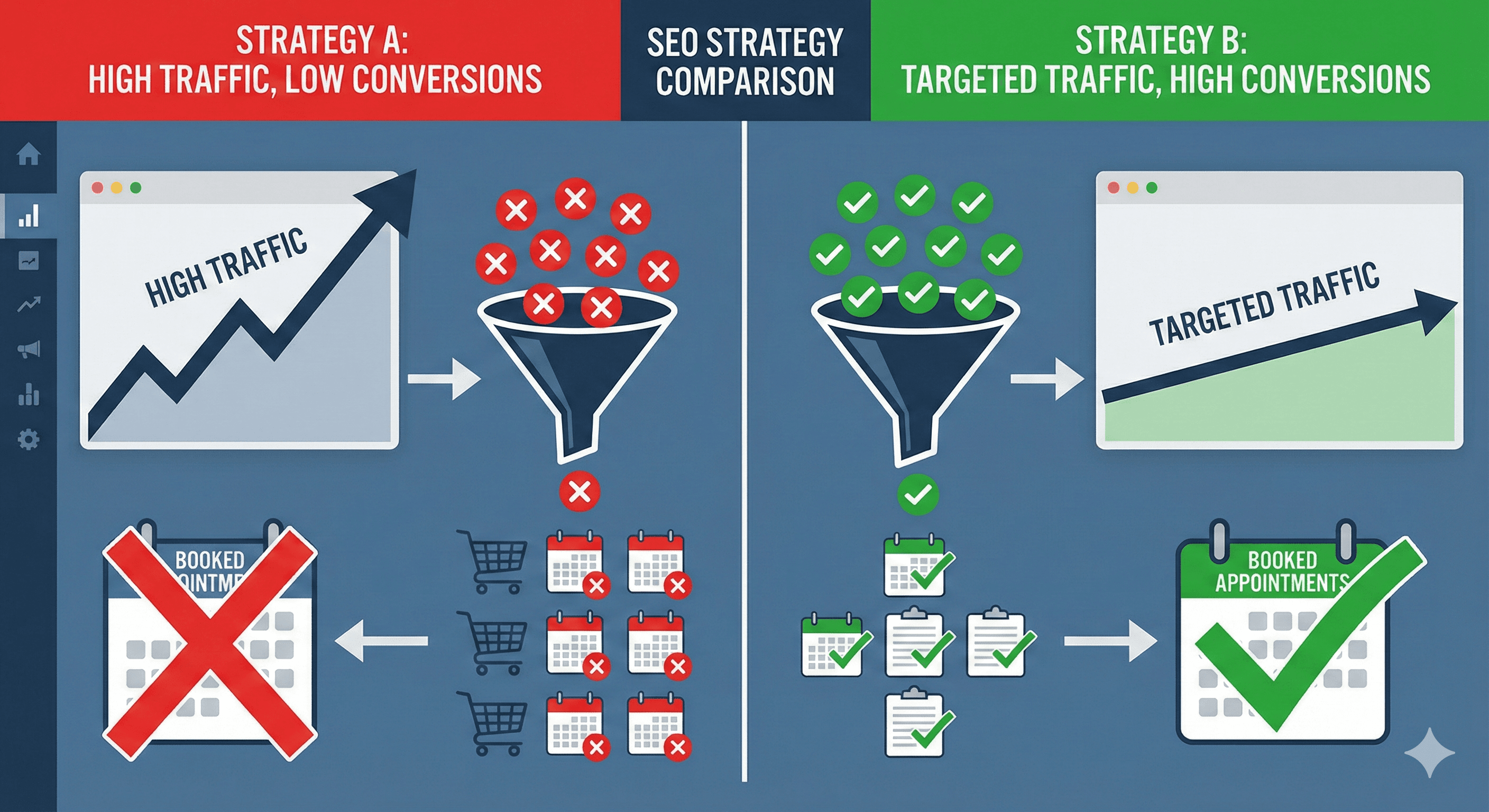 Investment firm SEO strategy comparison showing conversion-focused vs traffic-focused approach