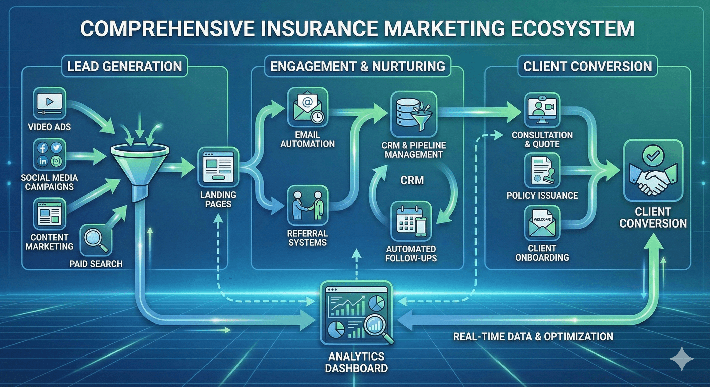 Complete insurance marketing ecosystem diagram showing lead generation to conversion