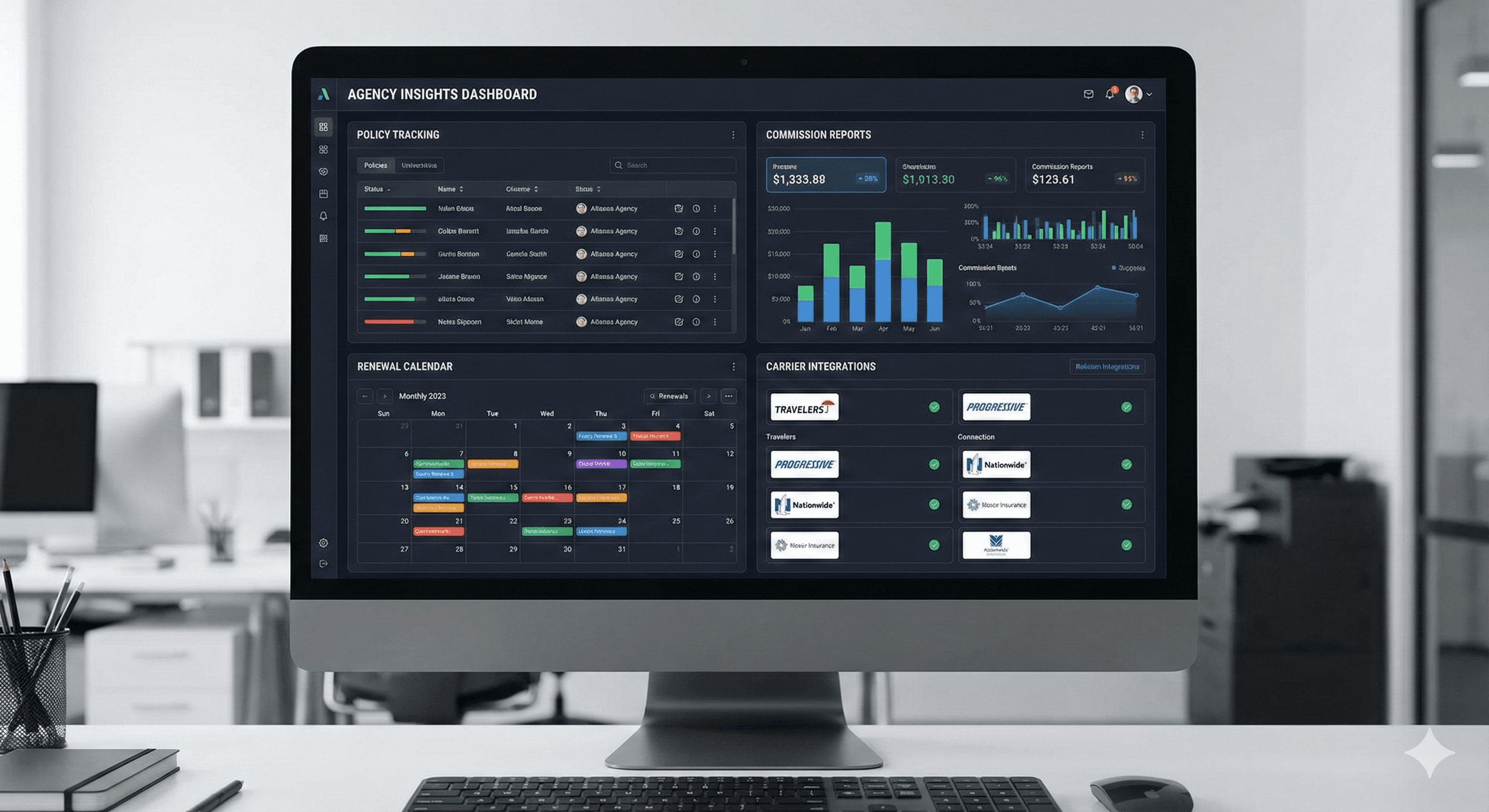 Insurance agency management system dashboard showing policies, commissions, and renewals