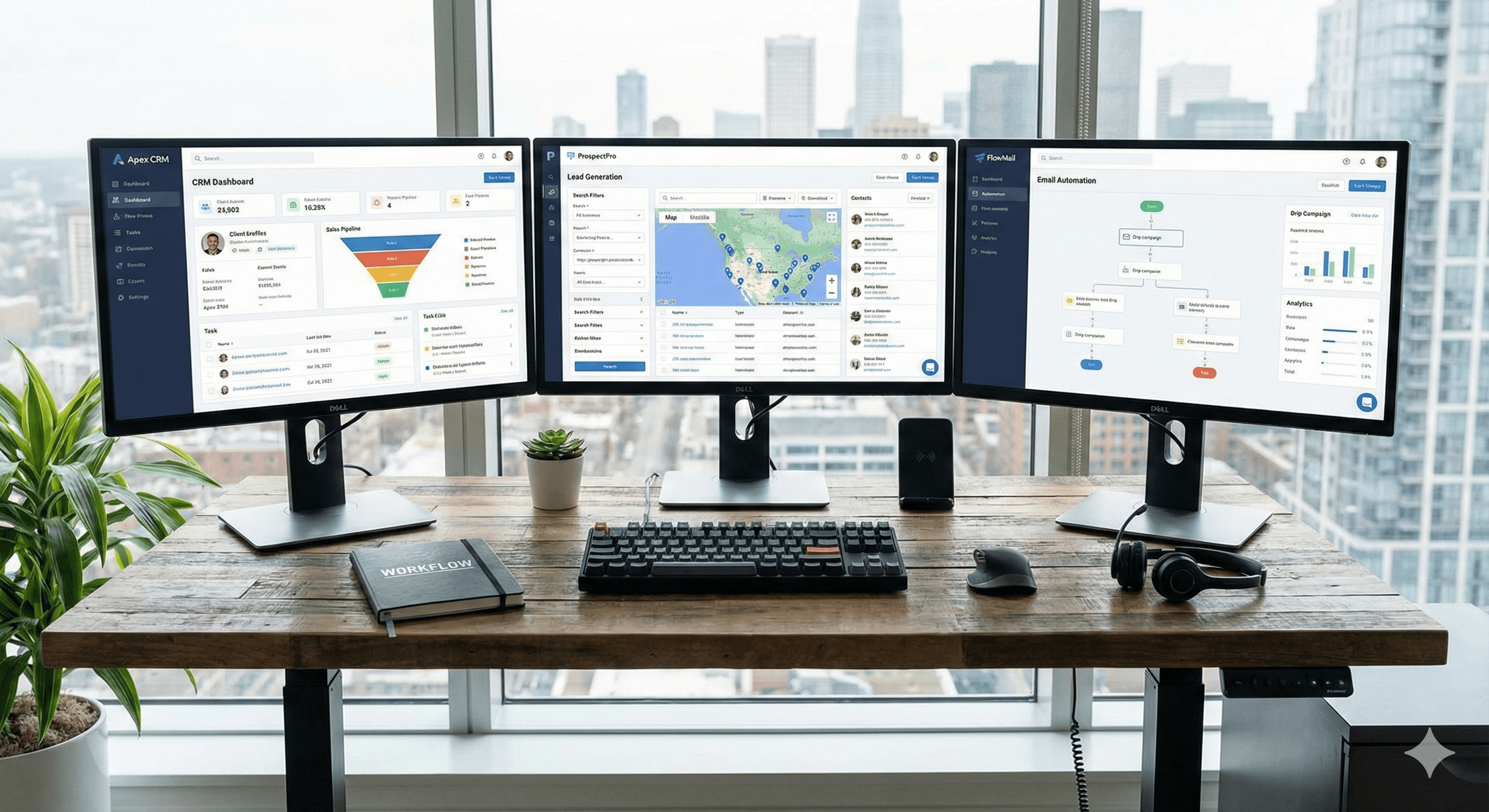 Insurance agent using multiple lead generation tools on computer screens