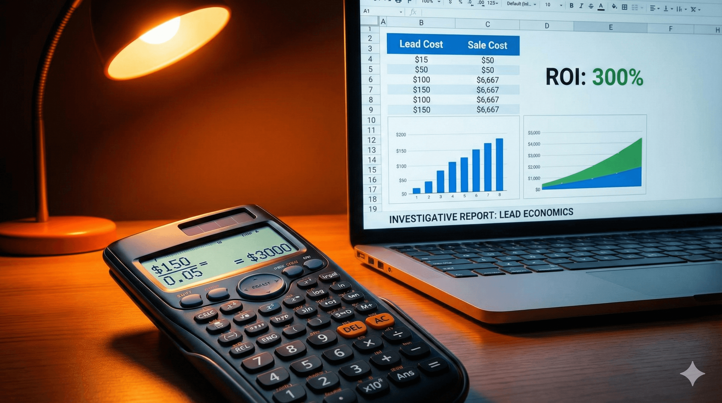 Insurance agent calculating true cost per sale from lead generation data